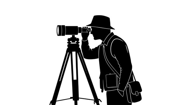 Silhouette of a man wearing a hat, looking through a telescope or long-lens camera on a tripod, with a shoulder bag.