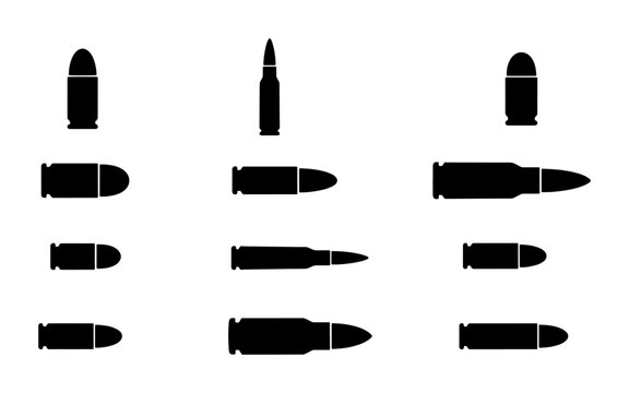 Ammunition bullet silhouette icons set, 11 weapon cartridge vector elements, black gun ammo clip art for military and hunting graphics