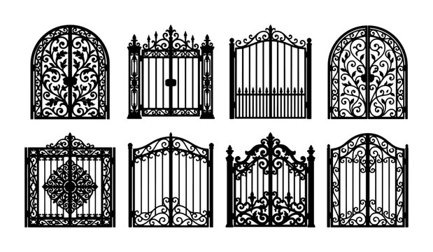 Wrought iron gate silhouettes collection, 8 vintage metal fence door vector icons, ornate gothic garden entrance designs for architectural projects