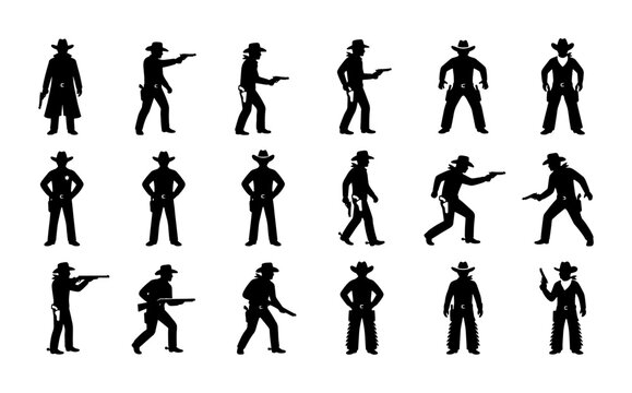 Wild West cowboy silhouettes set, 18 western outlaw and gunslinger vector icons, black sheriff and bandit figures with pistols and rifles