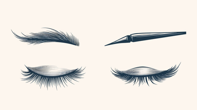 Monochrome illustration of eyebrows, closed eyes with lashes, and an eyeliner tool on a neutral background