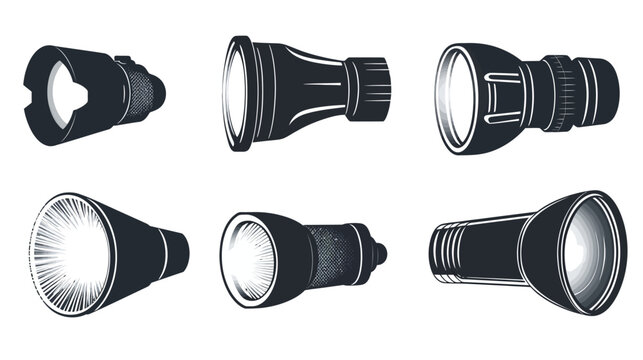 A collection of six stylized flashlights in various angles and light effects
