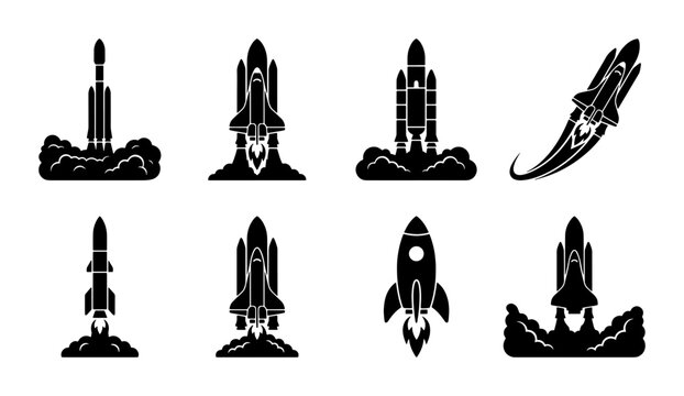 Space rocket launch icons set, black silhouette shuttle vector collection, 8 spacecraft takeoff symbols for science and technology projects