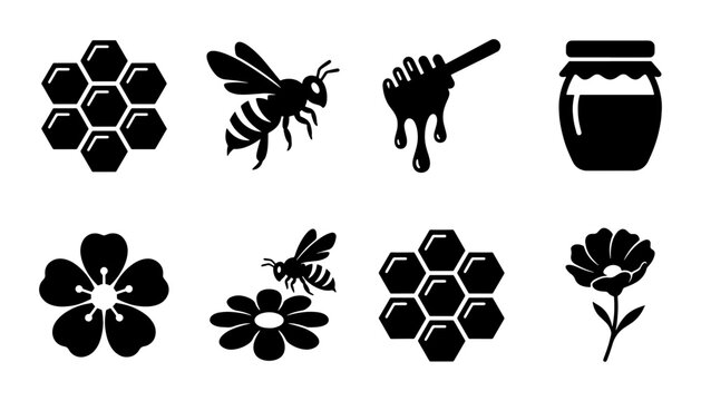 Minimalist honey bee icon set, black silhouette honeycomb and bumblebee vector collection, organic apiary and nectar symbols for farm branding