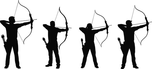 Archer silhouettes set isolated on white background, people shooting with bows and arrows, archery sport training outdoor vector illustration collection. © MDMORSALIN