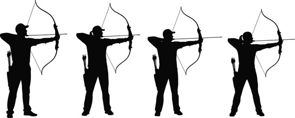 Archer silhouettes set isolated on white background, people shooting with bows and arrows, archery sport training outdoor vector illustration collection. © MDMORSALIN