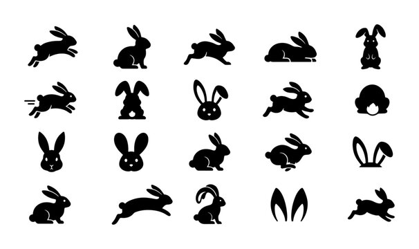 Black rabbit silhouette collection, 20 bunny icons in various poses, minimalist Easter hare vector set, jumping and sitting animal shapes for logo design