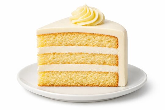 Classic vanilla cake slice, a delectable dessert with creamy white frosting and three golden sponge layers, perfect for celebrations and sweet treats.
