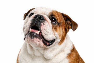 Obraz premium Adorable English Bulldog portrait, a charming brown and white dog with a happy expression, looking up with an open mouth, perfect for pet-related content and animal companionship themes