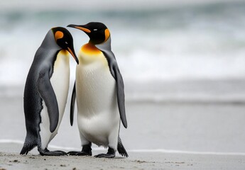 Obraz premium Two King Penguins Interacting on Beach Sand