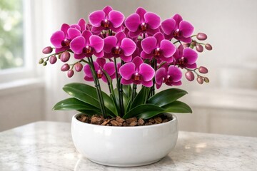 Naklejka premium Vibrant fuchsia orchid plant in a white ceramic pot, elegant indoor floral decor, beautiful blooming Phalaenopsis orchid, potted houseplant for home or office