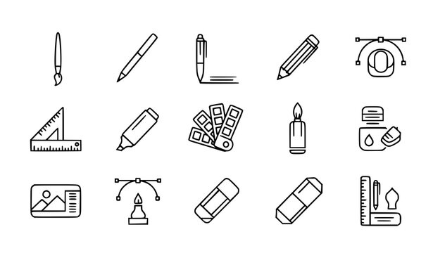 Design tools icons set vector thin line graphic drawing painting sketching accessories pictograms isolated white background