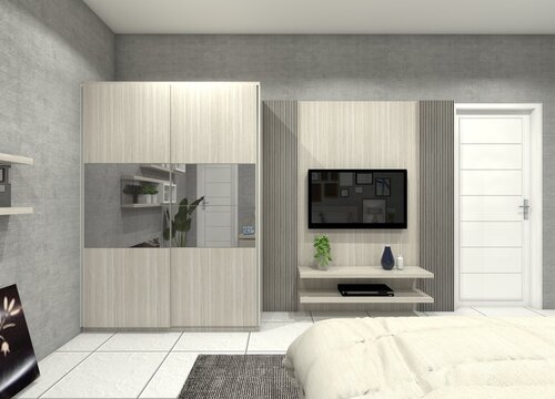 Modern master bedroom interior featuring a space-saving sliding wardrobe and integrated TV cabinet.