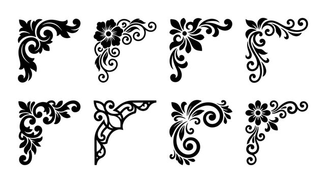 Vintage floral corner borders set, 8 black decorative filigree ornaments, elegant victorian scroll frames for wedding invitations and stationery