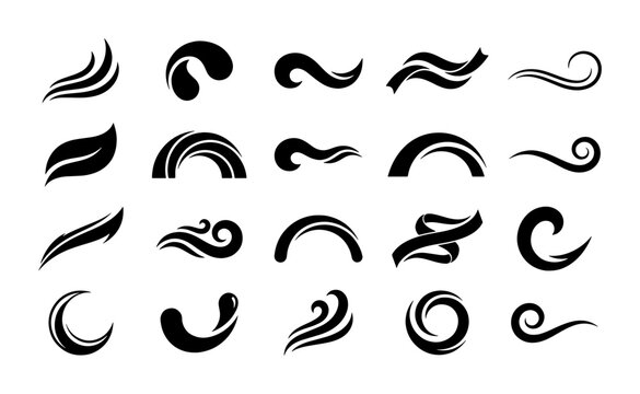 Minimalist black swoosh icons set, 20 abstract wave vector elements, decorative curved line shapes for logo design and branding identity
