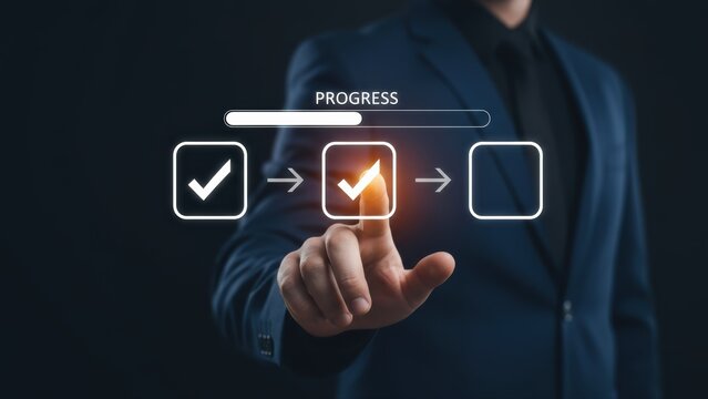 Businessman interacting with a digital progress bar and checklist icons to show project management success.