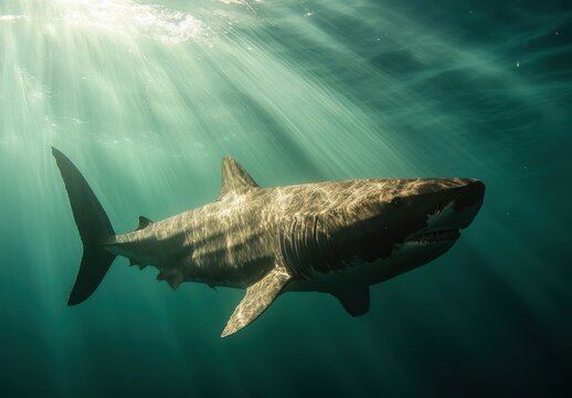 Basking Shark Swimming Underwater With Sunlight