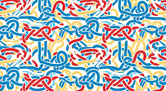 A tangled web of blue, red, and yellow ribbons with white background