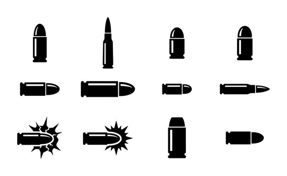 Military bullet icon set with 12 vector elements, black ammunition silhouettes, firearm cartridge symbols for hunting and defense graphics