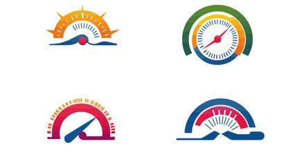 Naklejka premium Four stylized, colorful speedometers or gauges in various designs on a white background
