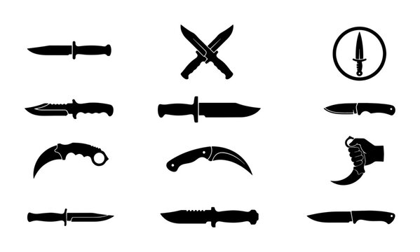 Tactical knife silhouette collection, 12 combat blade vector icons, military karambit and hunting dagger set, black steel weapon shapes for gaming