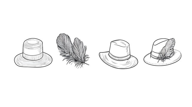 Black and white illustration of four hats and feathers on a white background