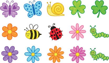 Cute Insects and Flowers Cartoon Illustration Set © AbuHuraira