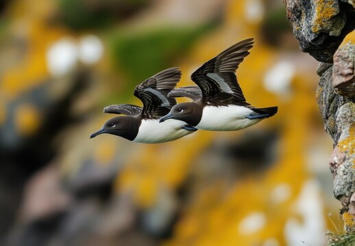 Two Razorbills in Flight Near Coastal Cliffs