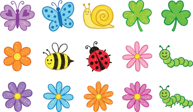 Cute Insects and Flowers Cartoon Illustration Set