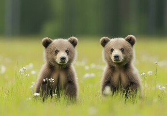 Obraz premium Two Brown Bear Cubs in Wildflower Meadow