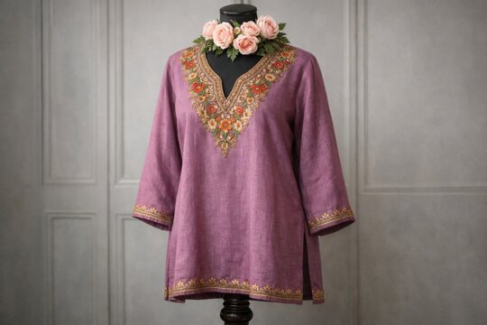 Bohemian purple linen tunic with floral embroidery on mannequin, elegant embroidered kaftan top, ethnic style summer blouse with pink roses