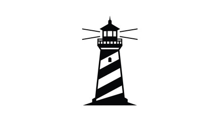 A striking black and white lighthouse illustration with radiating beams silhouette © Mama