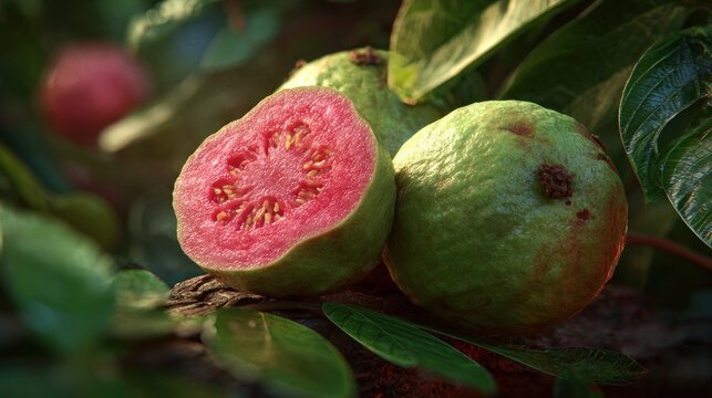 Close up of ripe guavas on the tree branch with leaves and sunlight