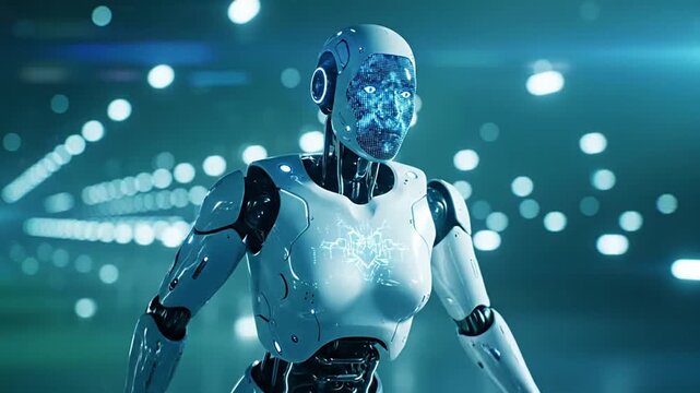 Advanced humanoid robot embodying artificial intelligence and neural networks, symbolizing future innovation, smart automation, digital transformation, machine learning, and technological progress.