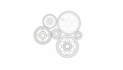 A technical drawing features interconnected gears in a CAD style design, the mechanical illustration showcasing engineering precision against a clean white background, conveying a sense © HambaTuhanImages