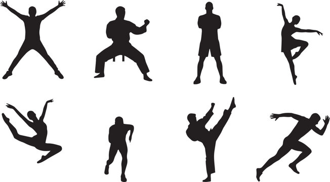 Silhouettes of People Performing Karate Martial Arts Dancing and Running Action Poses Set Isolated on White Background for Sport Fitness and Healthy Lifestyle