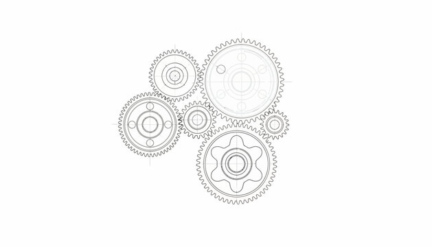 A technical drawing features interconnected gears in a CAD style design, the mechanical illustration showcasing engineering precision against a clean white background, conveying a sense