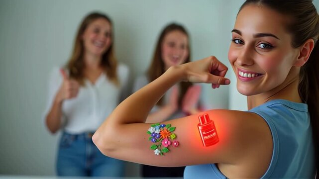 Arm adorned with colorful patches on monitor. Friends watch with smiles behind. Futuristic fashion trend showcased. Wearable tech, personal style innovation. Concept of individuality and