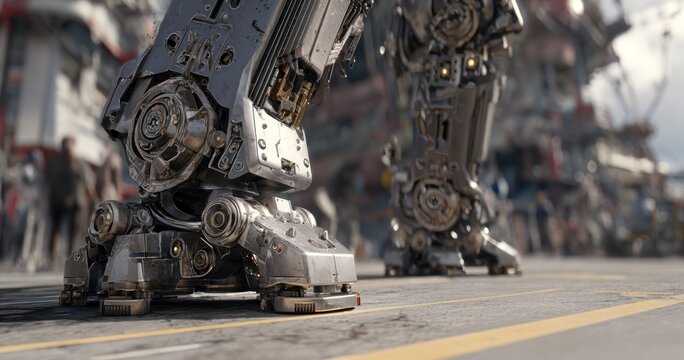 Close up of metallic robot legs on a paved surface with industrial background