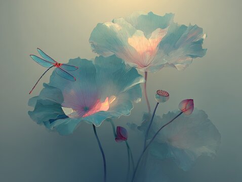 3D Fiber Art Lotus Leaf Dragonfly Light Green Gradient Minimalist Oriental Blossom