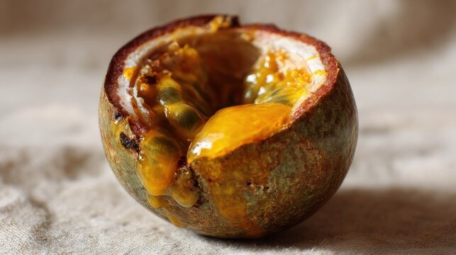 Close up of a partially cut passion fruit showing the yellow pulp and seeds