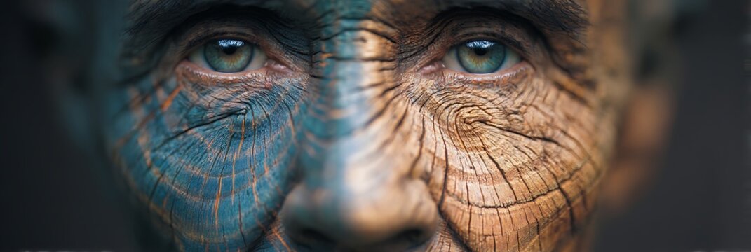 Close-up of a face with a striking texture overlay resembling cracked earth, symbolizing aging and environmental connection.