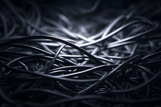 A close-up shot of a tangled bundle of electrical wires, creating an abstract and intriguing pattern. The wires intertwine and overlap, showing a sense of complexity