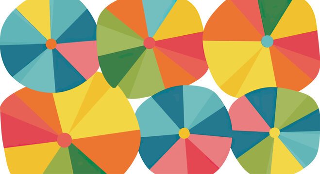 Six colorful, patterned circular objects arranged in two rows