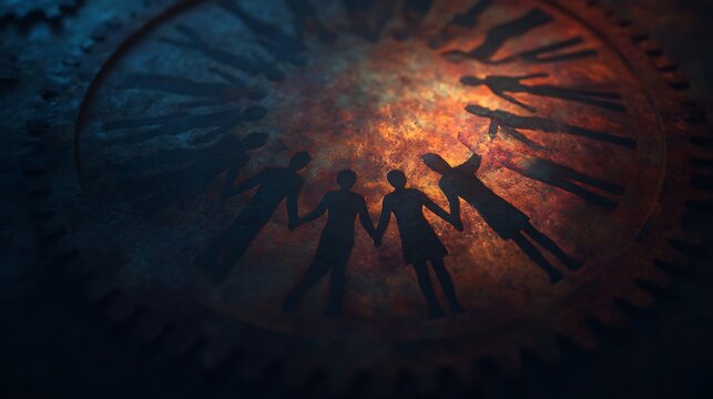 Silhouettes of four people holding hands stand on a glowing, vintage clock face, symbolizing unity and the passage of time.