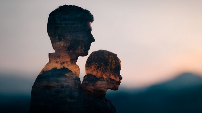 A double exposure silhouette of a man and woman facing opposite directions, blending with a serene landscape at dusk.