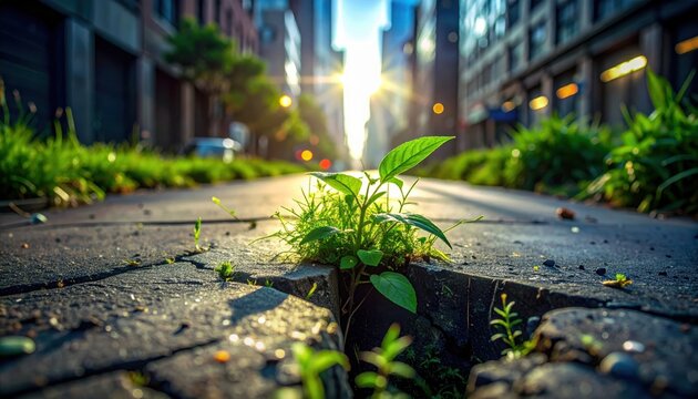 Young green plant pushing through cracked city pavement towards bright sunlight, symbolizing nature's relentless strength and resilience.