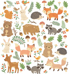 Fototapeta premium Cute woodland animals and plants
