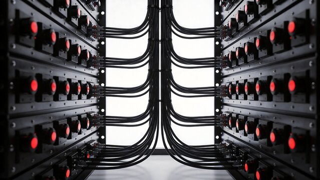Rows of server racks with cables