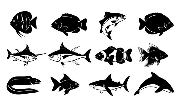 Fish silhouette vector icon set aquatic marine illustration design